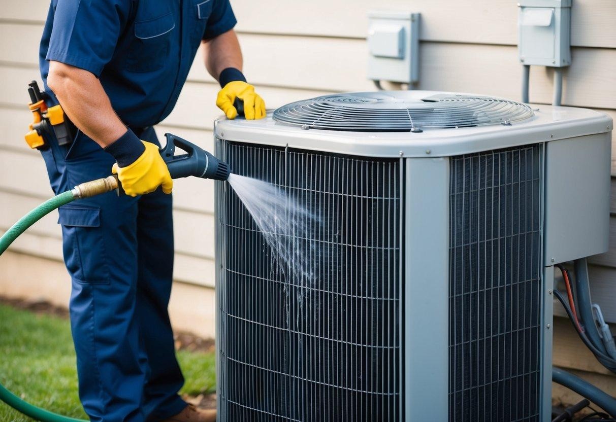HVAC technician cleaning an outdoor air conditioning condenser coil with a water spray.