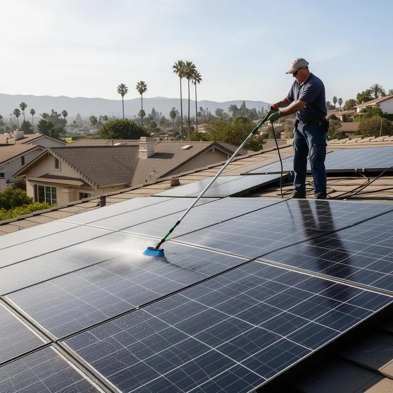 Solar panel cleaning California technician washing rooftop panels