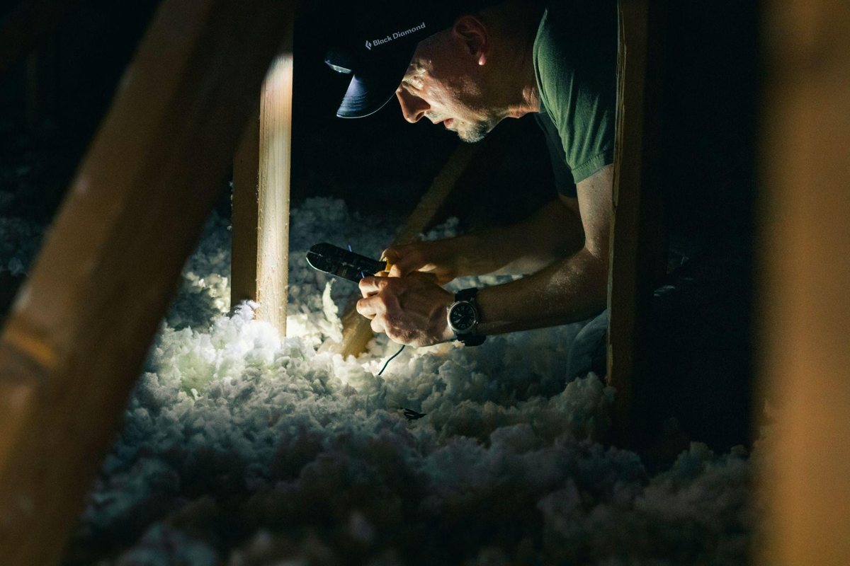 A technician inspects loose-fill insulation in an attic, demonstrating work performed by attic insulation contractors in Turlock.