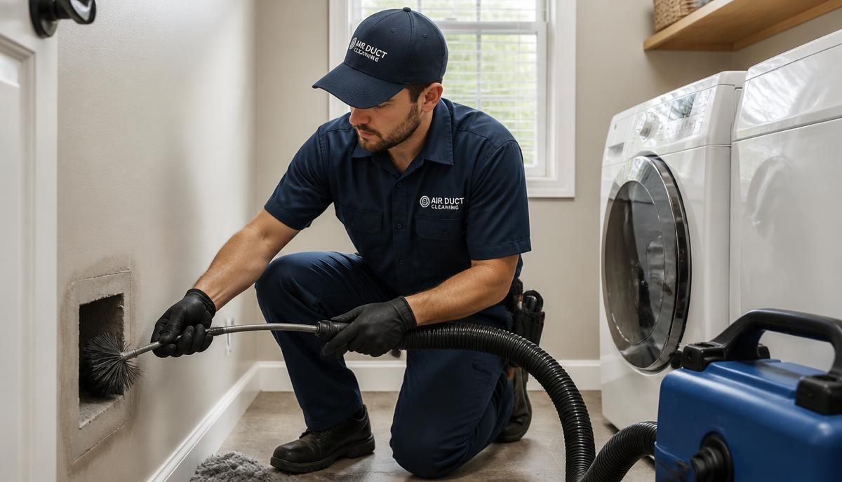 Technician cleaning a dryer vent duct with a rotary brush and vacuum in a residential laundry room