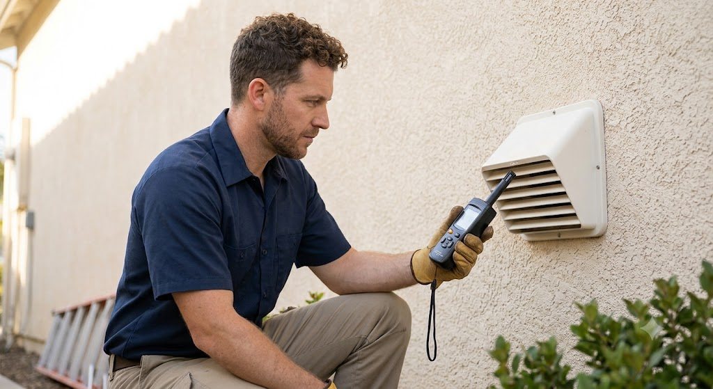Technician replacing a corrugated foil dryer duct with rigid metal duct