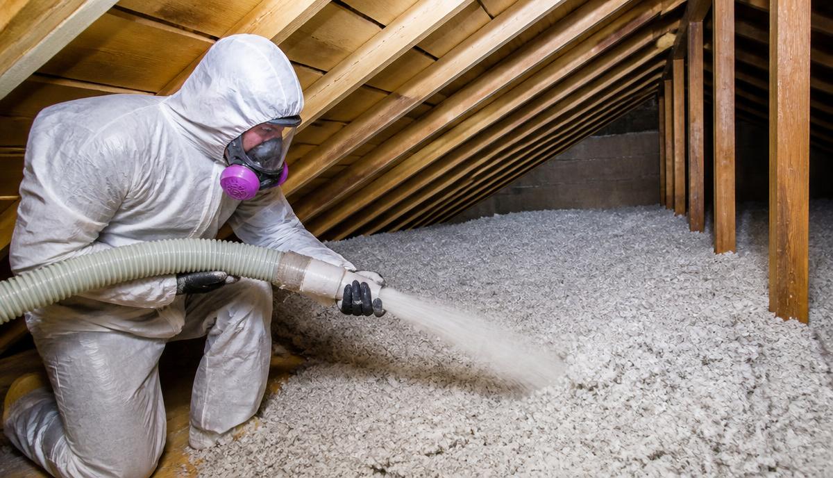 Insulation technician blowing fresh cellulose insulation across a Denair attic floor.