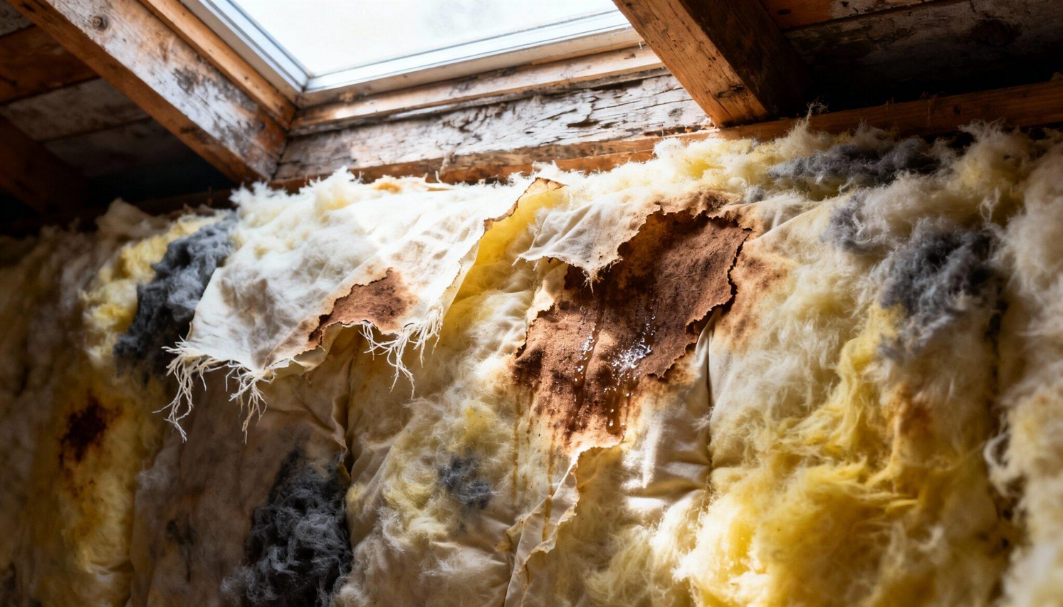 Water-damaged attic insulation requiring attic insulation removal in California.