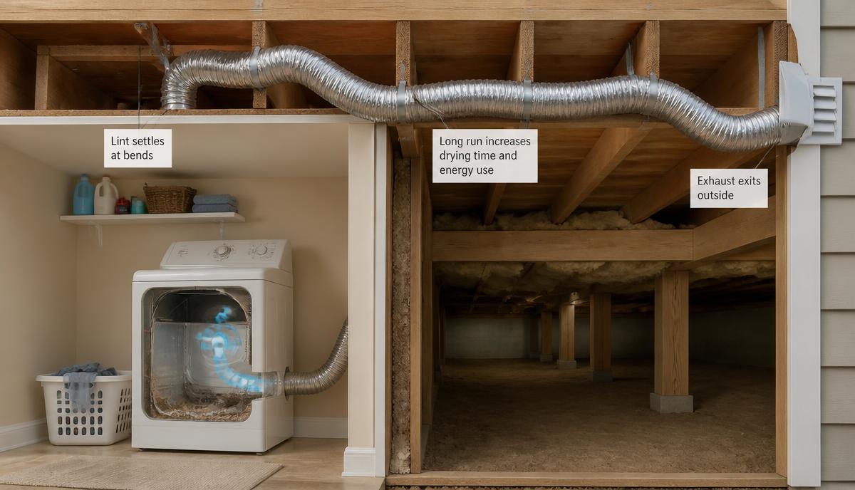 Cutaway diagram of a dryer connected to a long, winding vent pipe showing points where lint can settle at bends and low spots