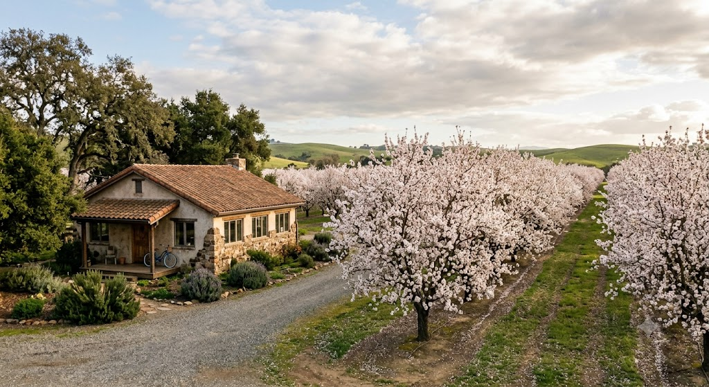 Almond orchard in full bloom beside a rural Hickman home