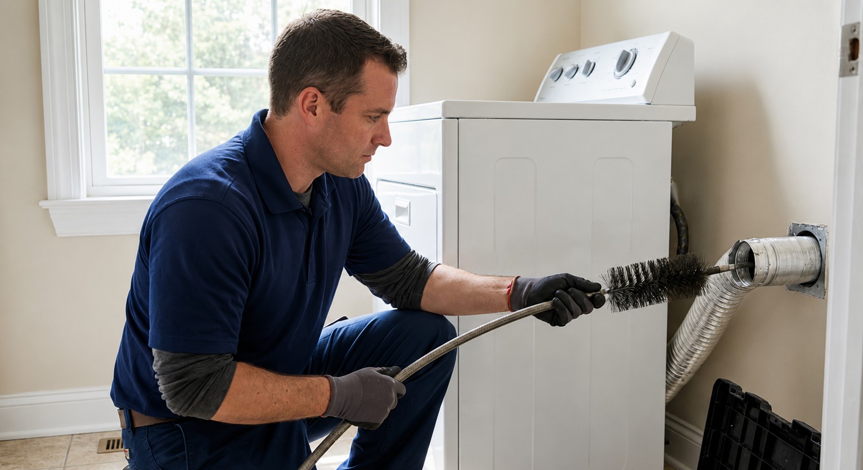 Professional technician performing dryer vent cleaning in California to improve home dryer safety.