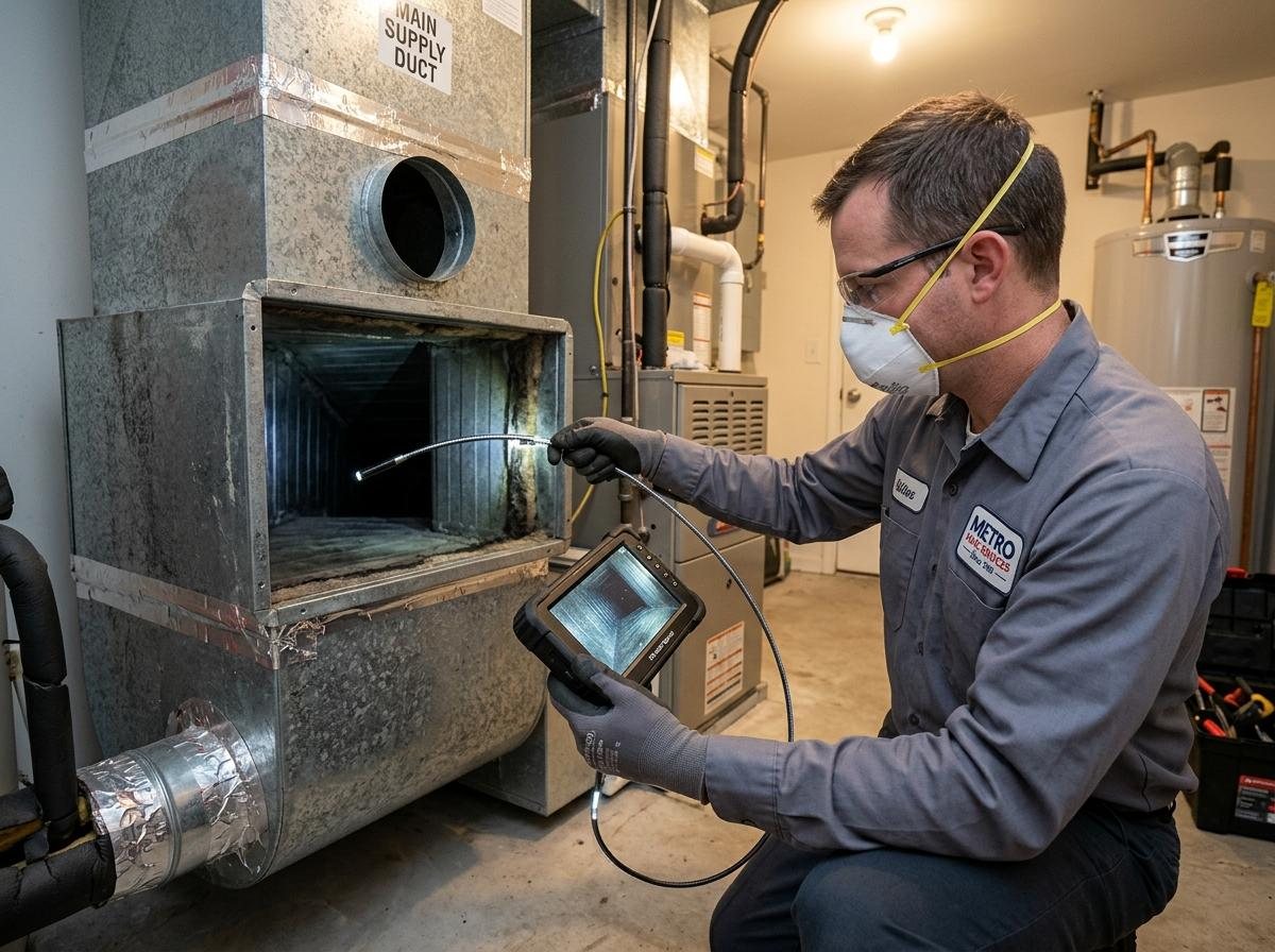 HVAC technician inspecting residential ductwork for dust buildup