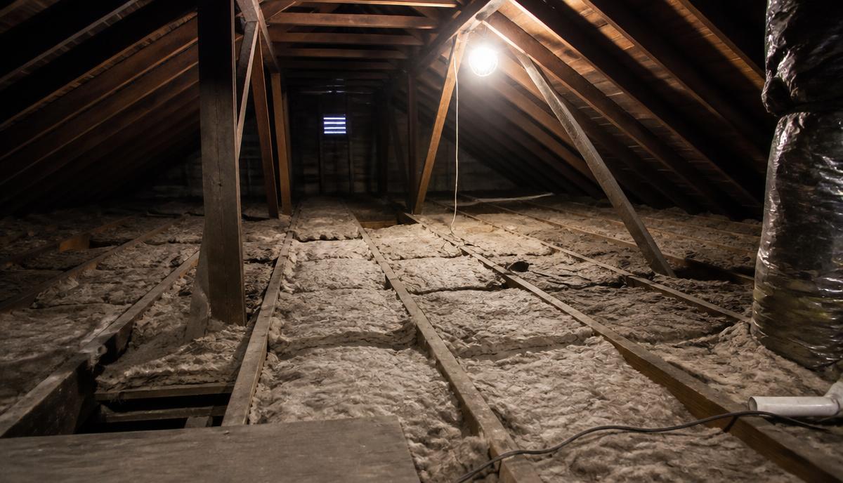 Thin, settled attic insulation sitting level with the ceiling joists in an older Denair home.