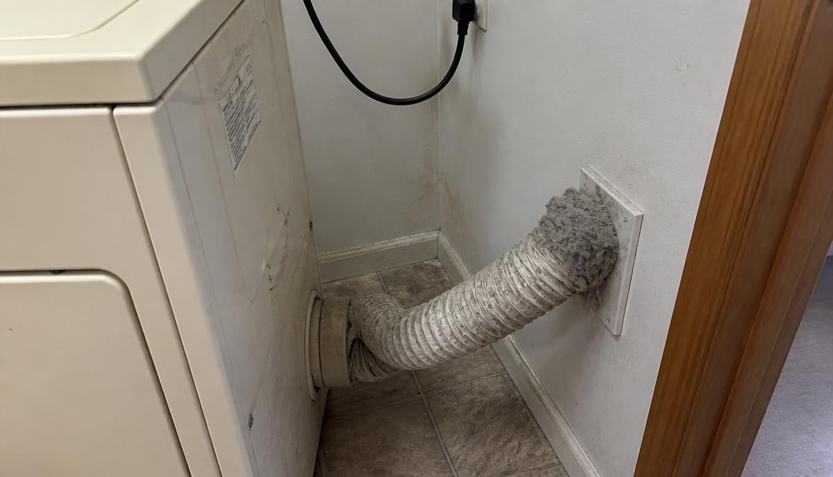 Old white plastic ribbed dryer transition hose packed with lint behind a dryer in an older Empire laundry room.