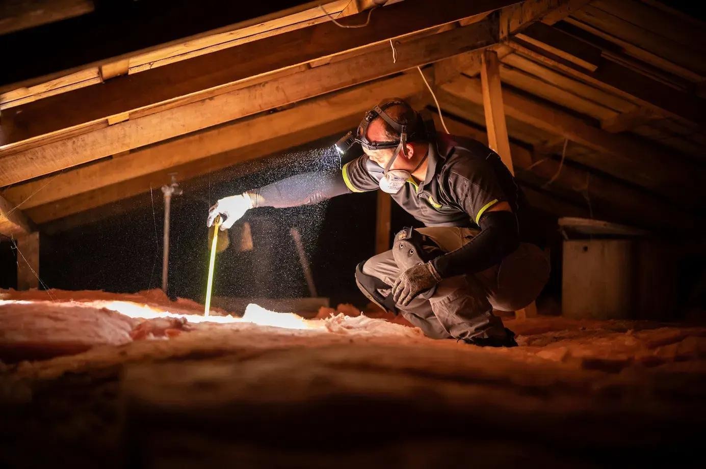 professional attic insulation contractors in California inspecting insulation and attic ventilation.