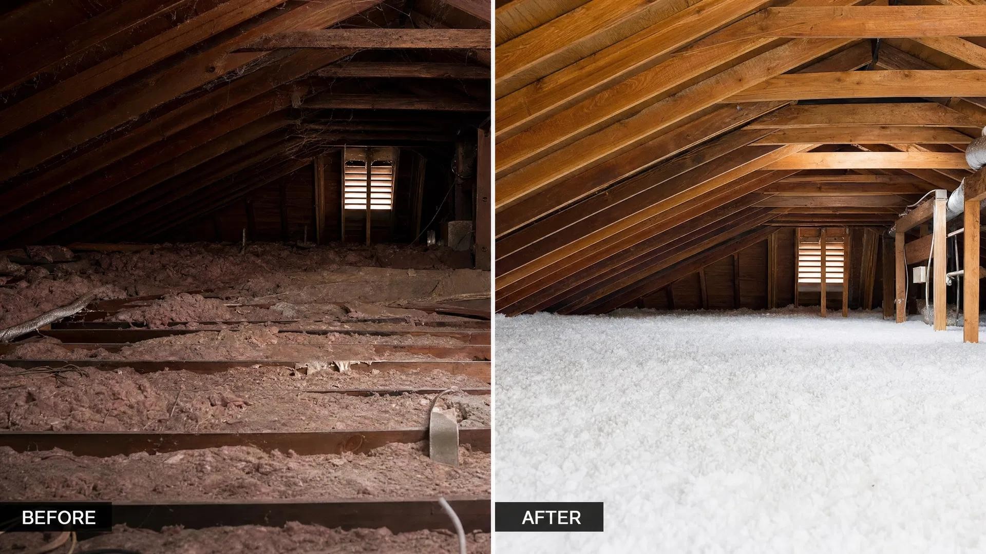 Before and after attic insulation installation in California showing improved insulation coverage.