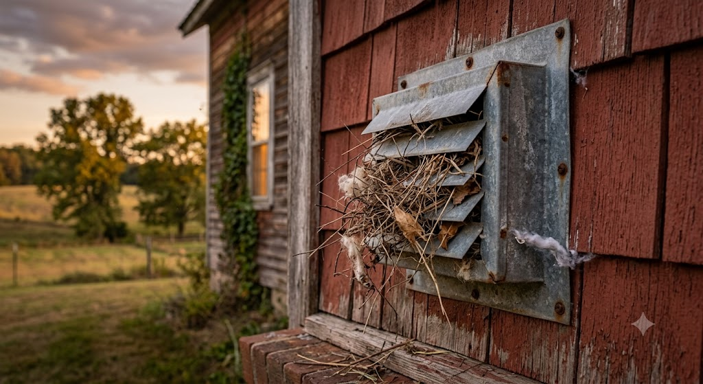 Exterior dryer vent cap on a rural home with nesting material poking out