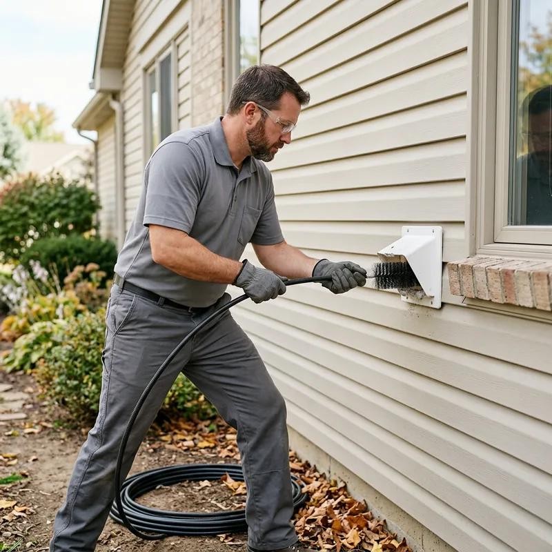 Professional dryer vent cleaners in California performing exterior dryer vent cleaning.