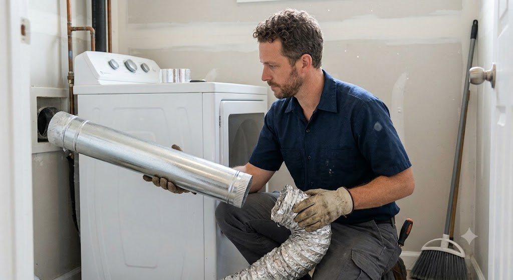 Technician checking airflow at an exterior dryer vent cap on a stucco wall