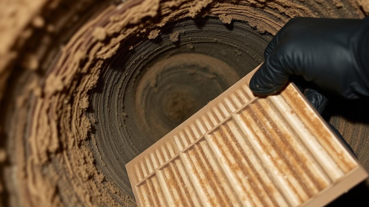 Fine agricultural dust coating the inside of a residential air duct next to a clogged pleated HVAC filter.