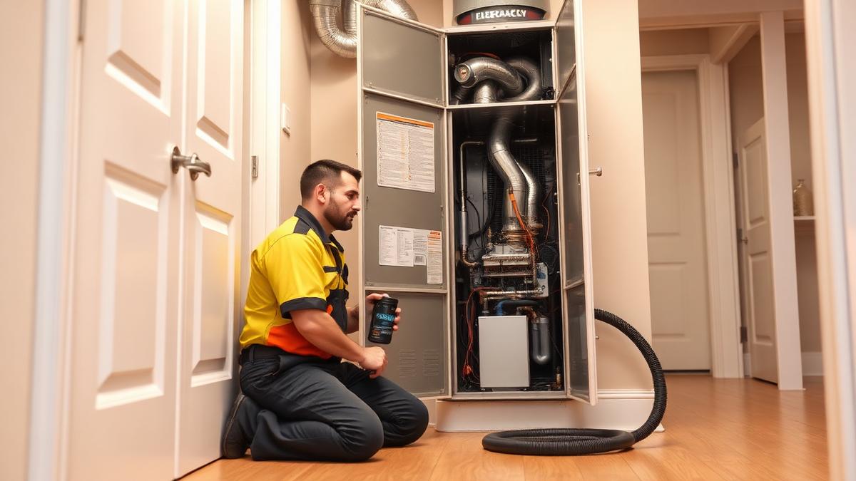 HVAC technician servicing a furnace cabinet and evaporator coil inside a rural Crows Landing home.
