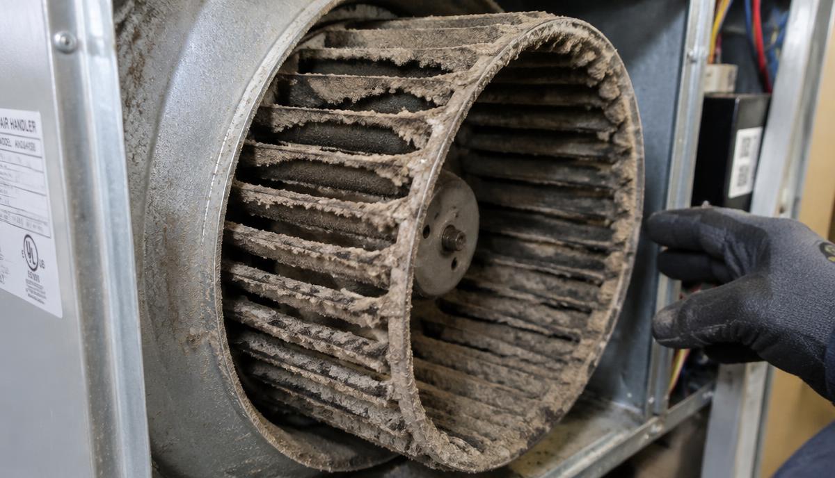 Dust-caked HVAC blower wheel inside a residential furnace cabinet, with buildup coating every curved blade.