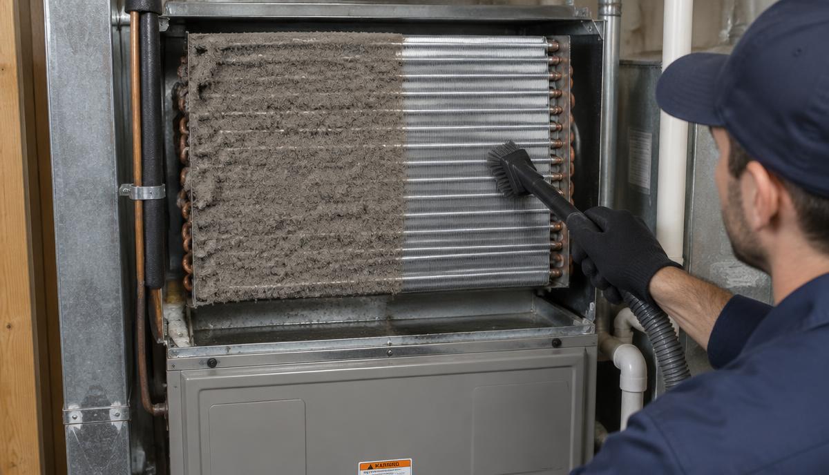 Technician brushing a residential evaporator coil, half still coated in felt-like dust and half cleaned back to bare aluminium.