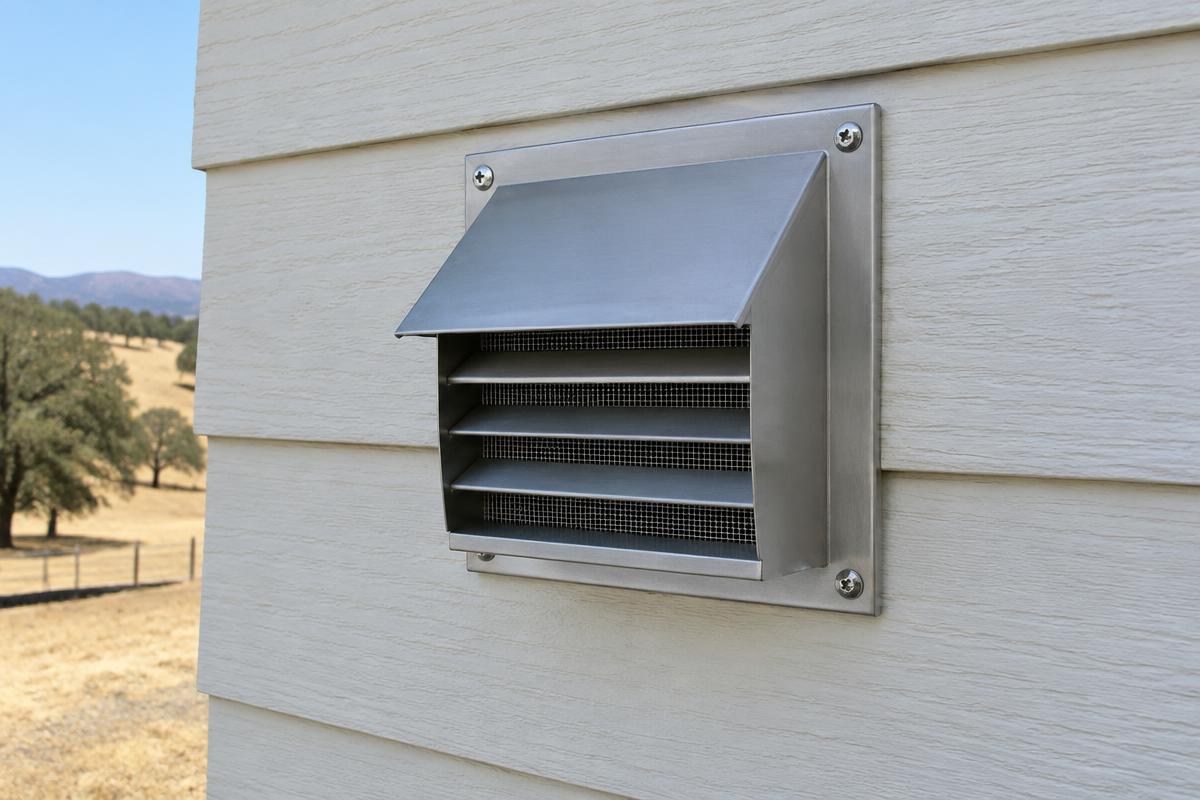 New louvered vent cap with a fine mesh screen on exterior siding